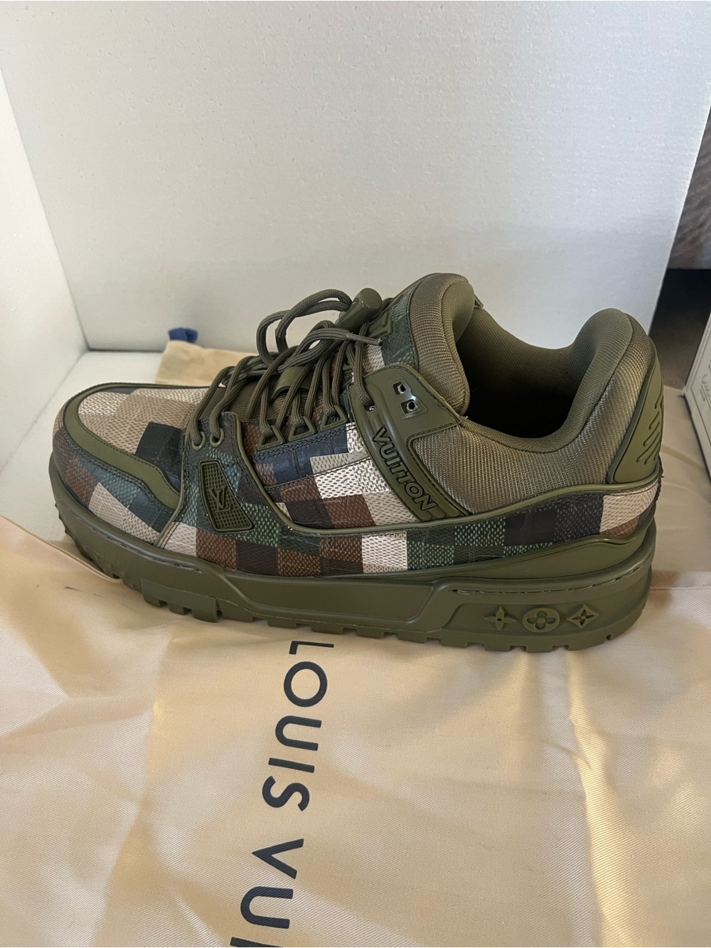 Louis Vuitton Men's Olive Green & Beige Camouflage Low-Top Sneakers - Picture 8 of 9
